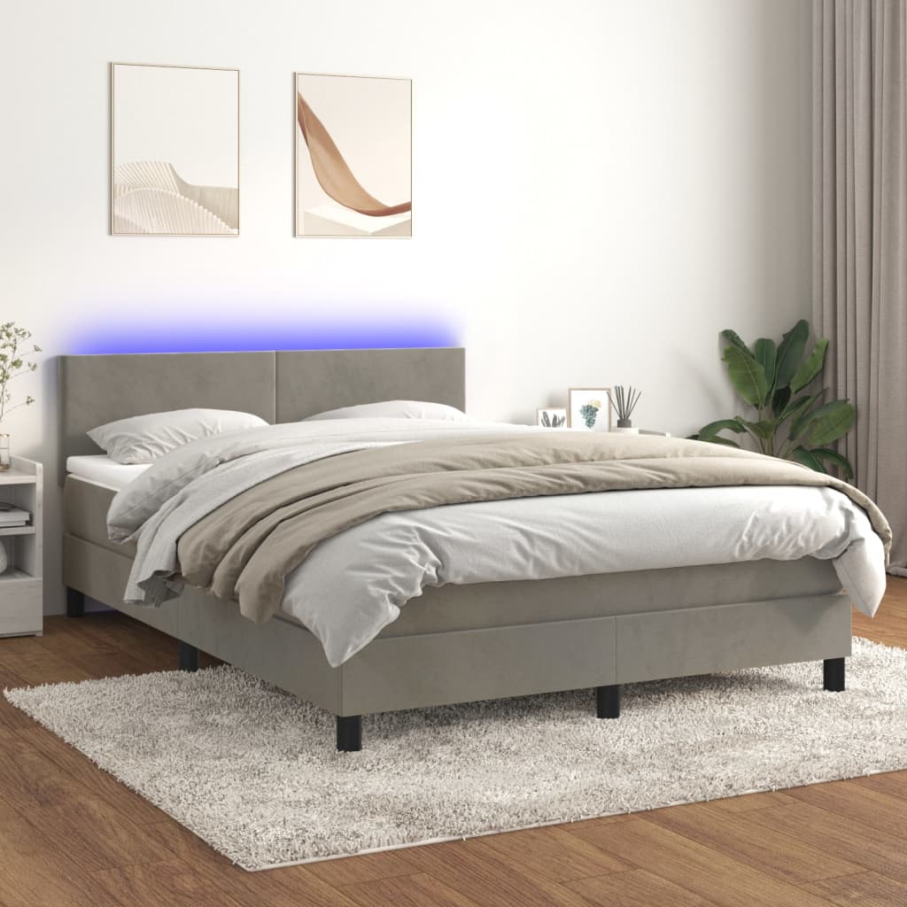 Krevet box spring s madracem LED svjetlosivi 140x190 cm baršun