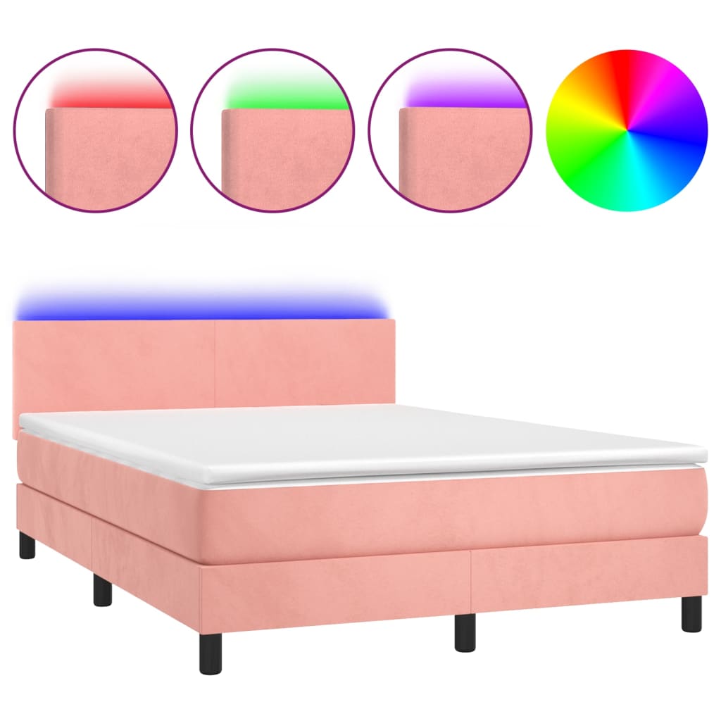 Krevet box spring s madracem LED ružičasti 140x190cm baršunasti