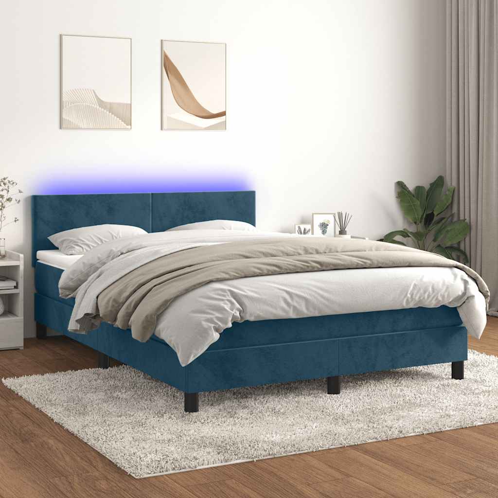 Krevet box spring s madracem LED tamnoplavi 140x200 cm baršun
