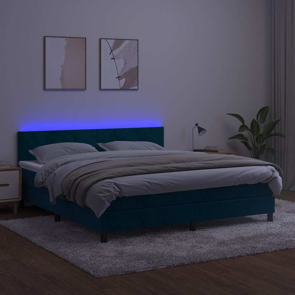 Krevet box spring s madracem LED tamnoplavi 160x200 cm baršun