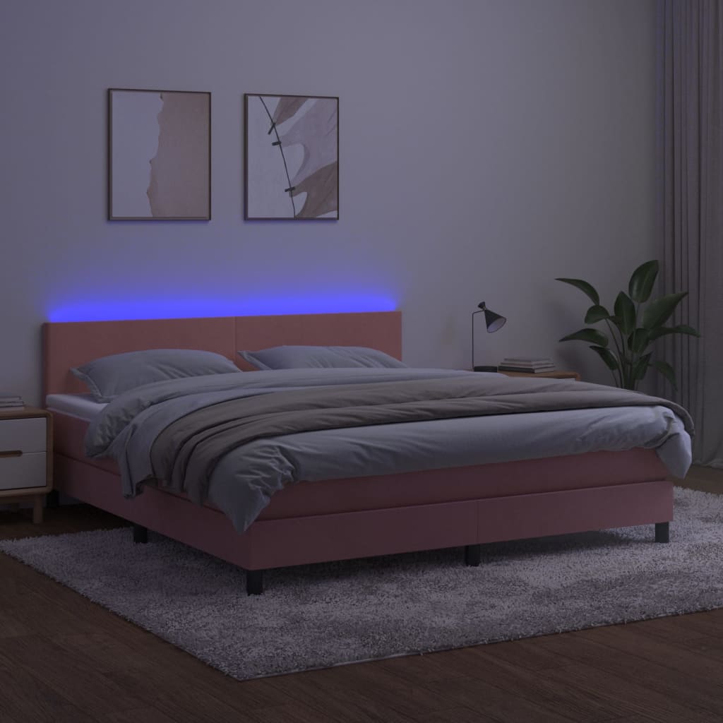 Krevet box spring s madracem LED ružičasti 160x200cm baršunasti