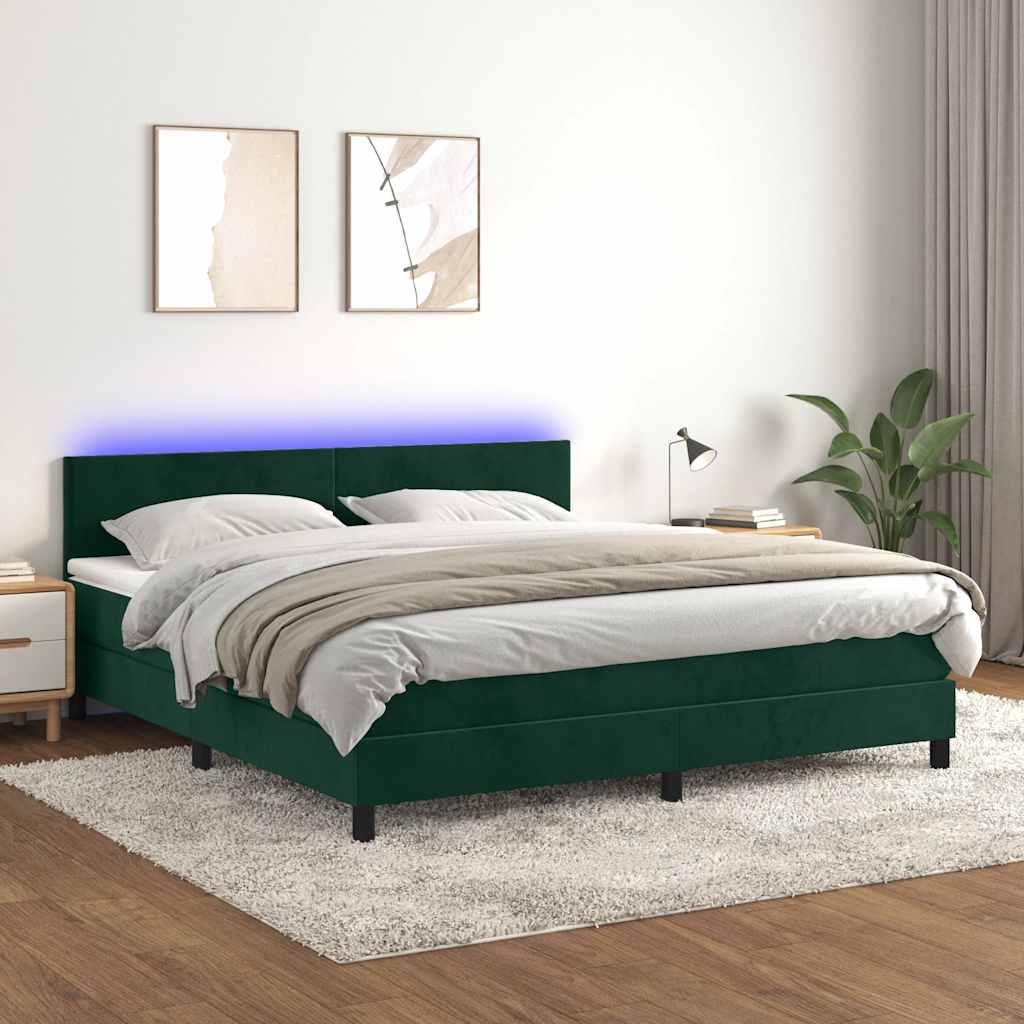 Krevet box spring s madracem LED tamnozeleni 180x200 cm baršun