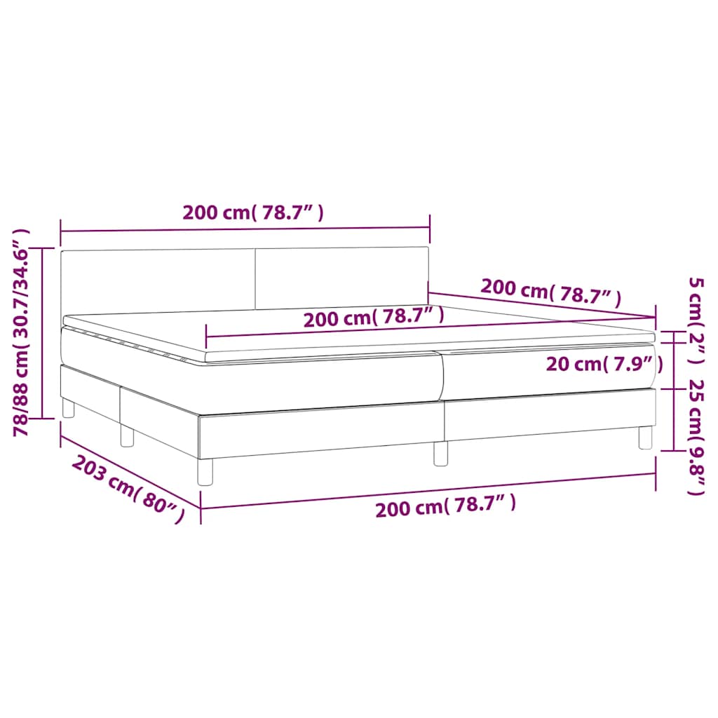 Krevet box spring s madracem LED svjetlosivi 200x200 cm baršun