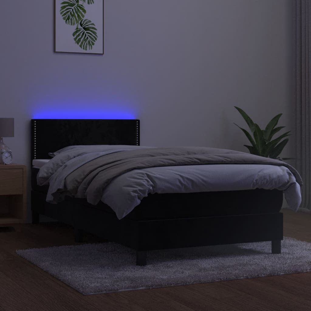 Krevet box spring s madracem LED crni 90x190 cm baršun