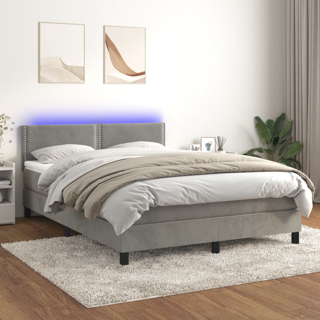 Krevet box spring s madracem LED svjetlosivi 140x190 cm baršun