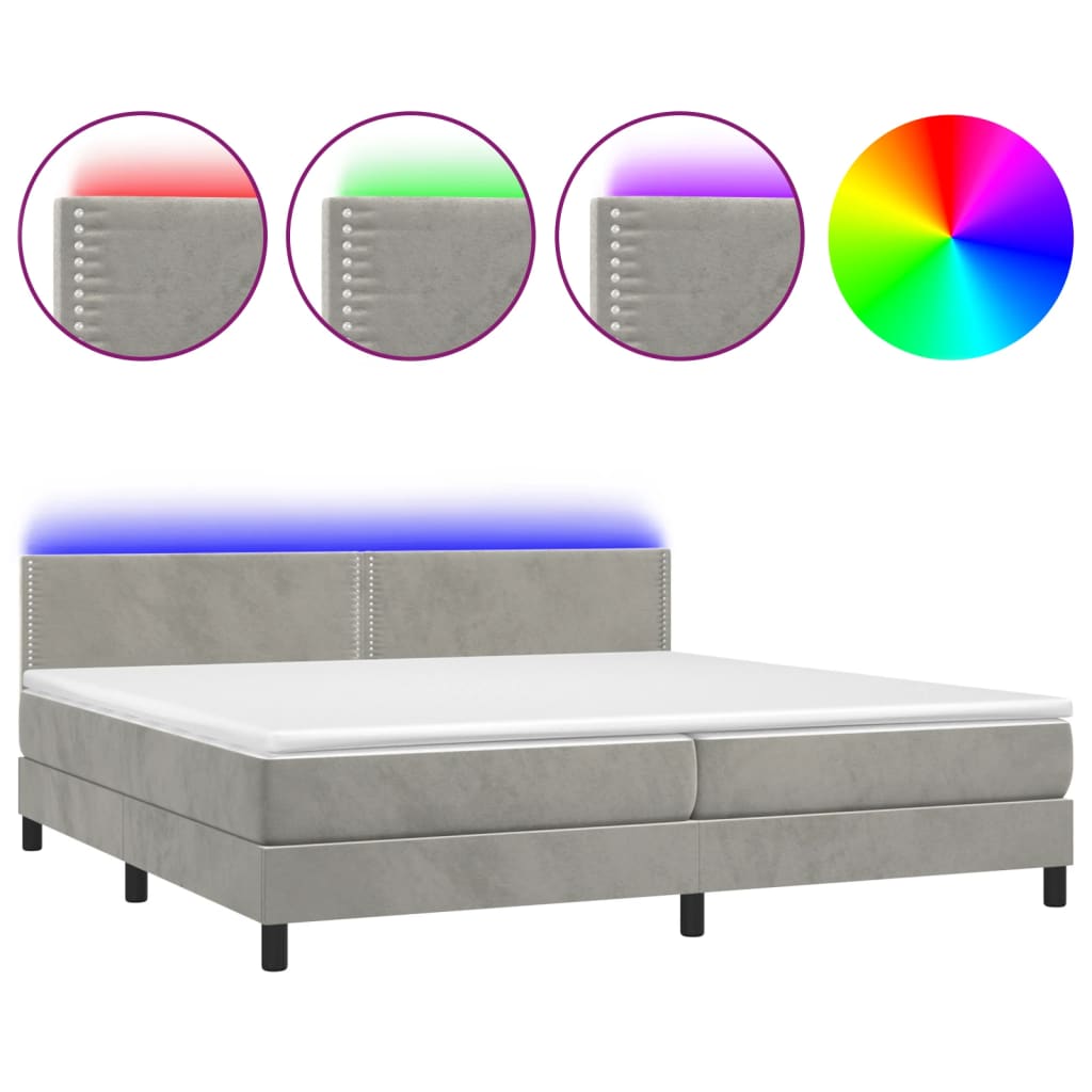 Krevet box spring s madracem LED svjetlosivi 200x200 cm baršun