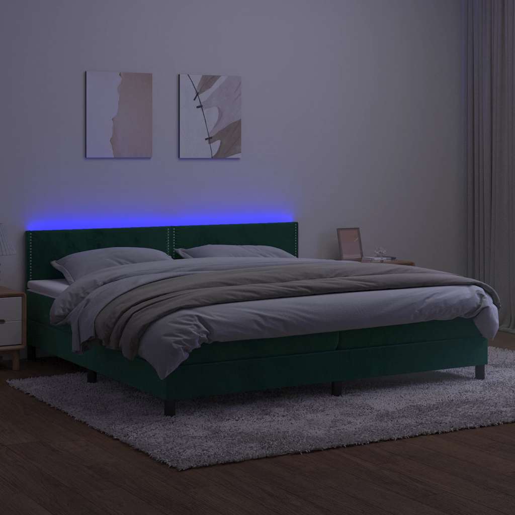 Krevet box spring s madracem LED tamnozeleni 200x200 cm baršun