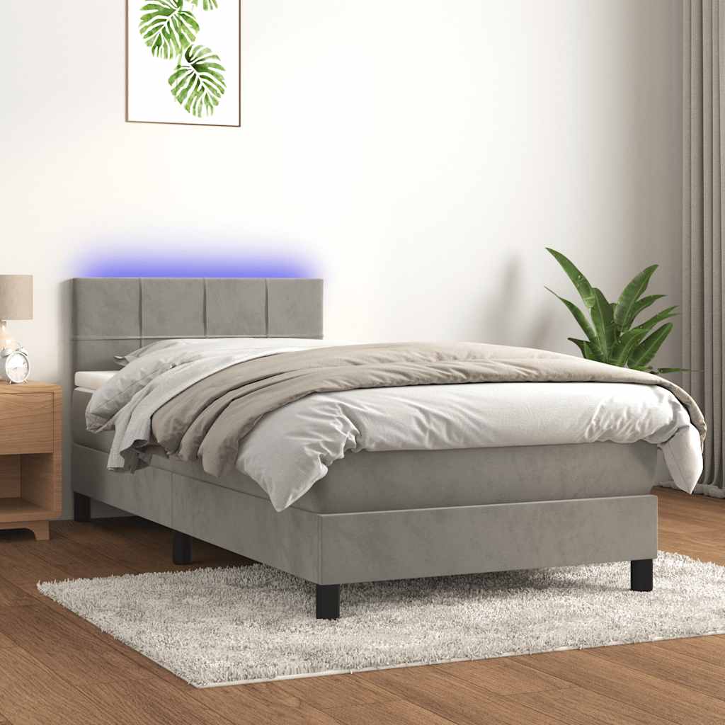 Krevet box spring s madracem LED svjetlosivi 80x200 cm baršun