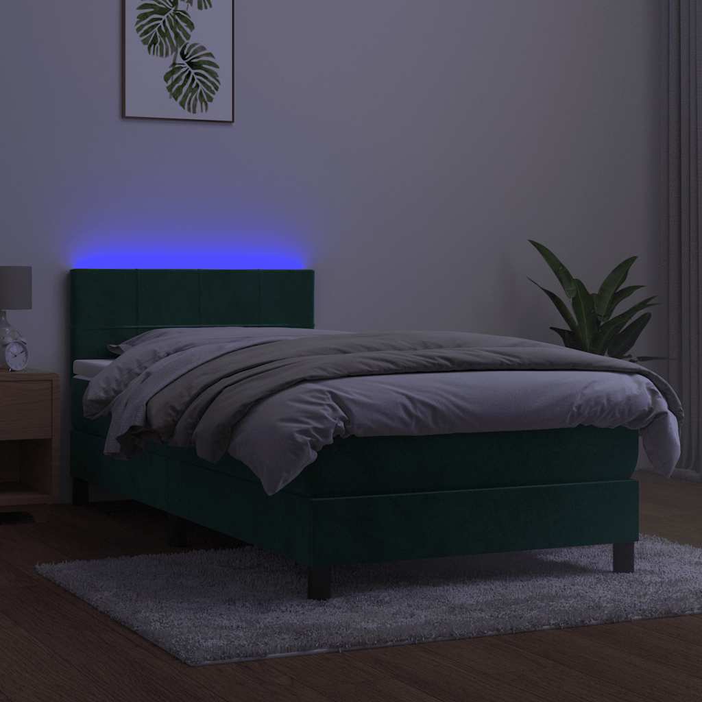 Krevet box spring s madracem LED tamnozeleni 90x190 cm baršun