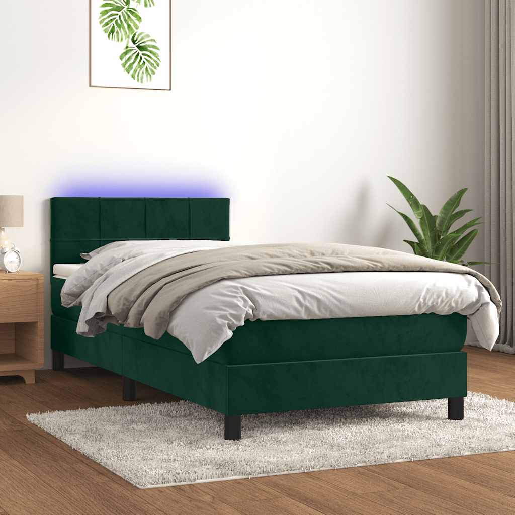 Krevet box spring s madracem LED tamnozeleni 90x190 cm baršun