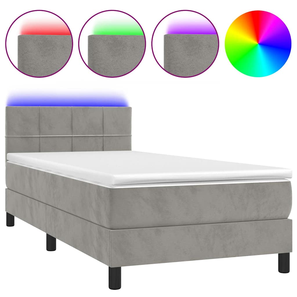 Krevet box spring s madracem LED svjetlosivi 90x200 cm baršun