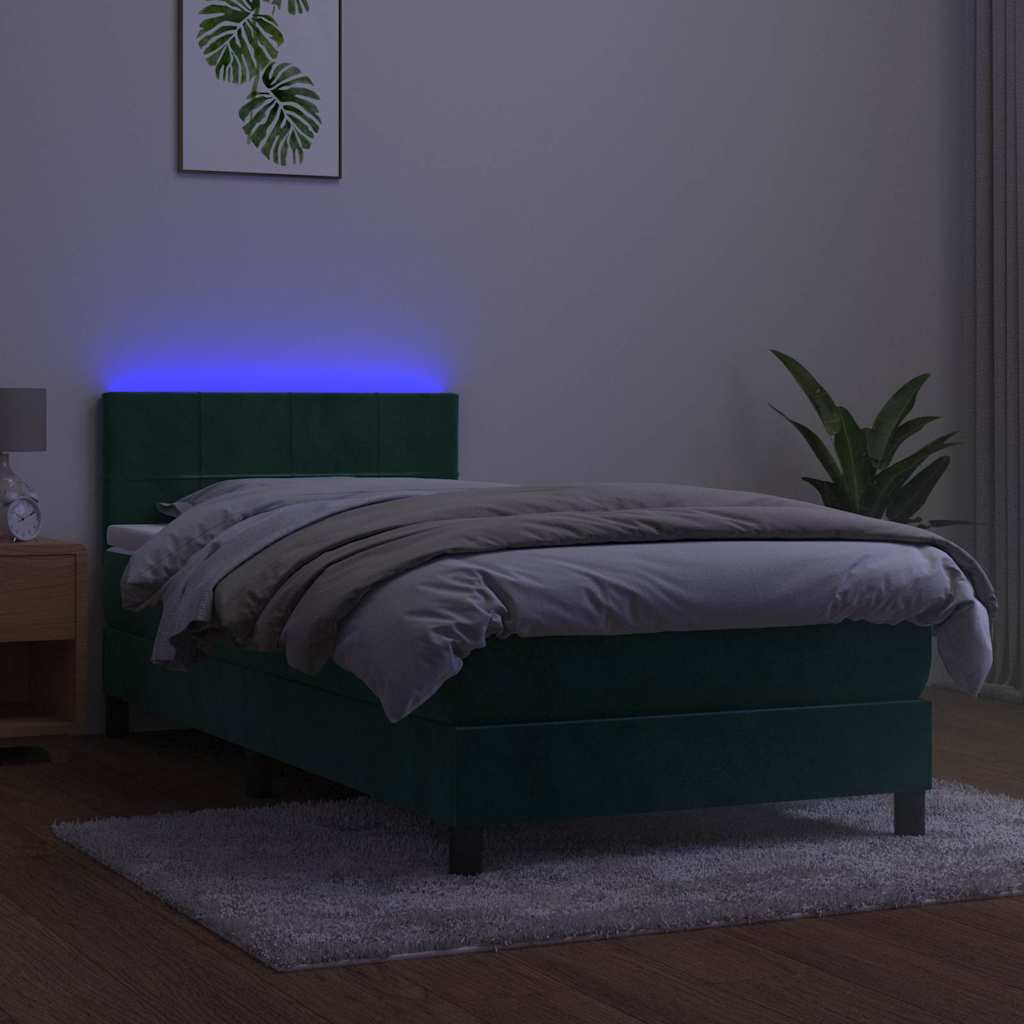 Krevet box spring s madracem LED tamnozeleni 90x200 cm baršun