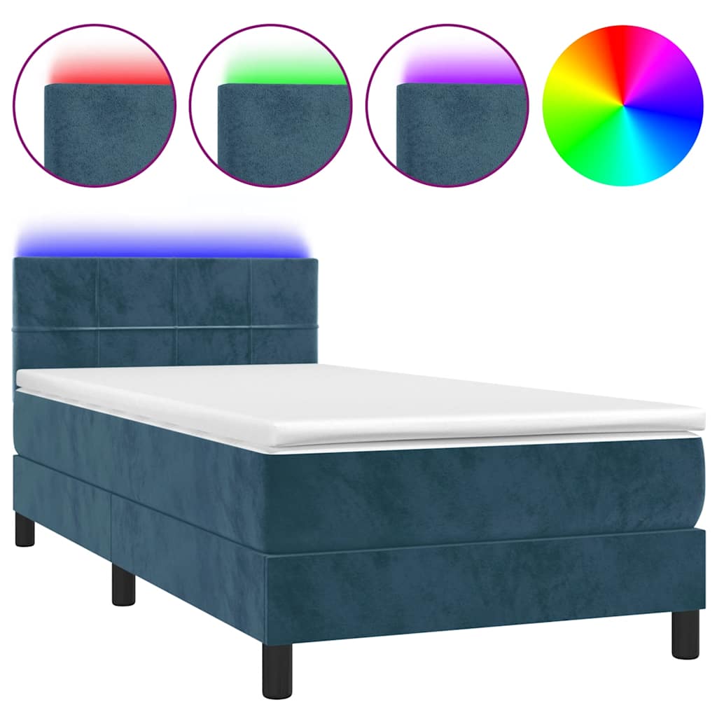 Krevet box spring s madracem LED tamnoplavi 90x200 cm baršun