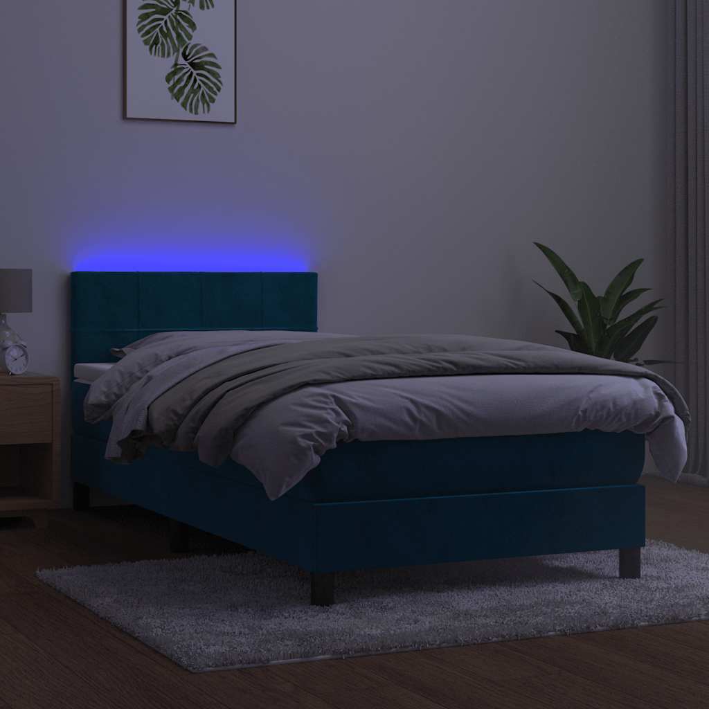 Krevet box spring s madracem LED tamnoplavi 90x200 cm baršun
