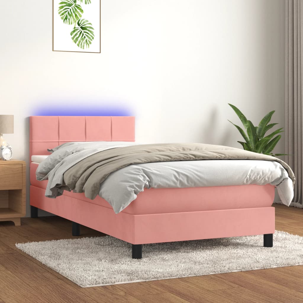 Krevet box spring s madracem LED ružičasti 90x200 cm baršunasti