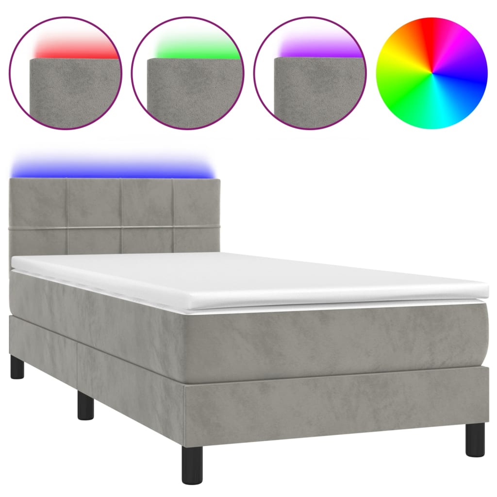 Krevet box spring s madracem LED svjetlosivi 100x200 cm baršun