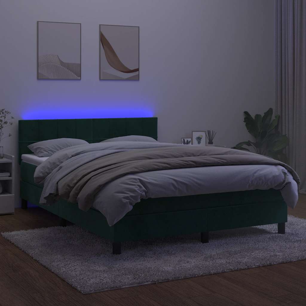 Krevet box spring s madracem LED tamnozeleni 140x190 cm baršun