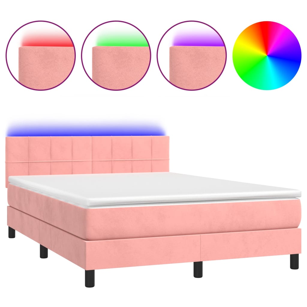 Krevet box spring s madracem LED ružičasti 140x190cm baršunasti