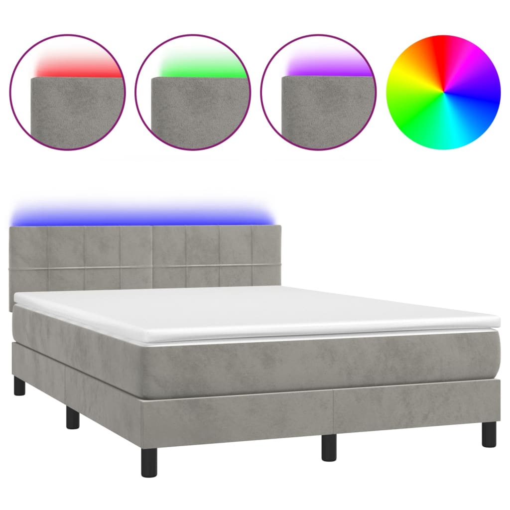Krevet box spring s madracem LED svjetlosivi 140x200 cm baršun
