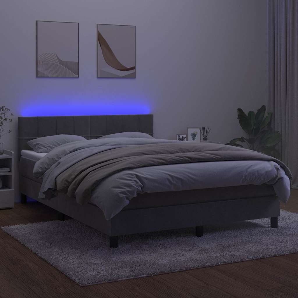 Krevet box spring s madracem LED svjetlosivi 140x200 cm baršun