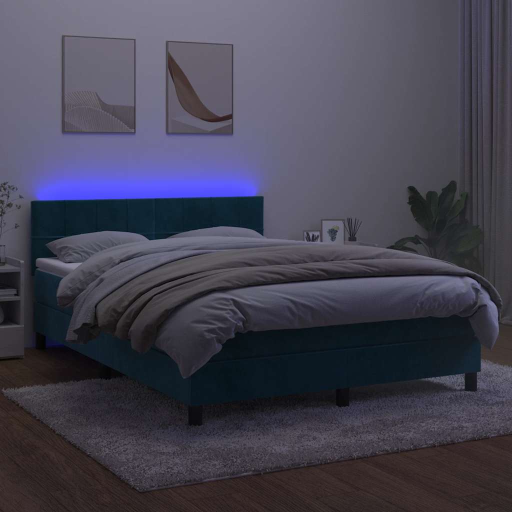 Krevet box spring s madracem LED tamnoplavi 140x200 cm baršun
