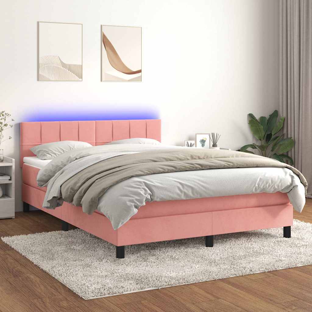 Krevet box spring s madracem LED ružičasti 140x200cm baršunasti