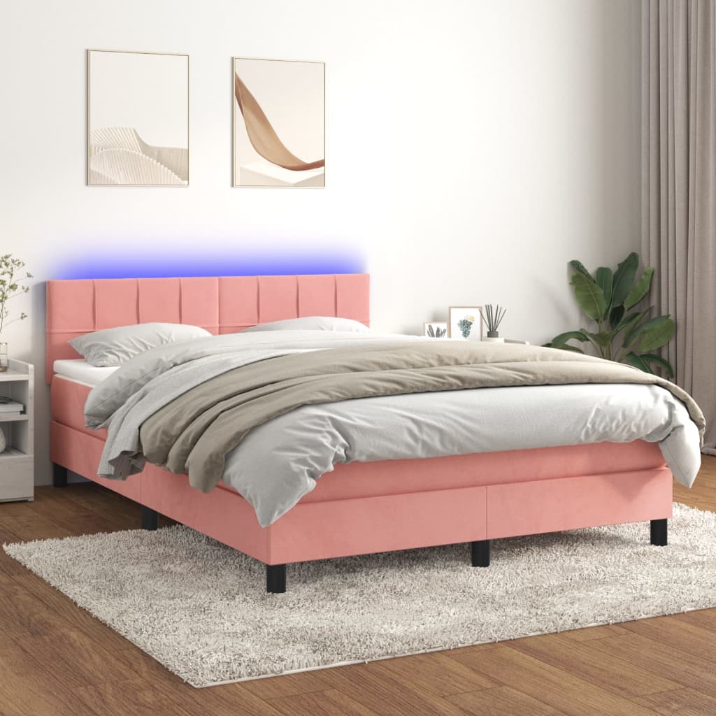 Krevet box spring s madracem LED ružičasti 140x200cm baršunasti