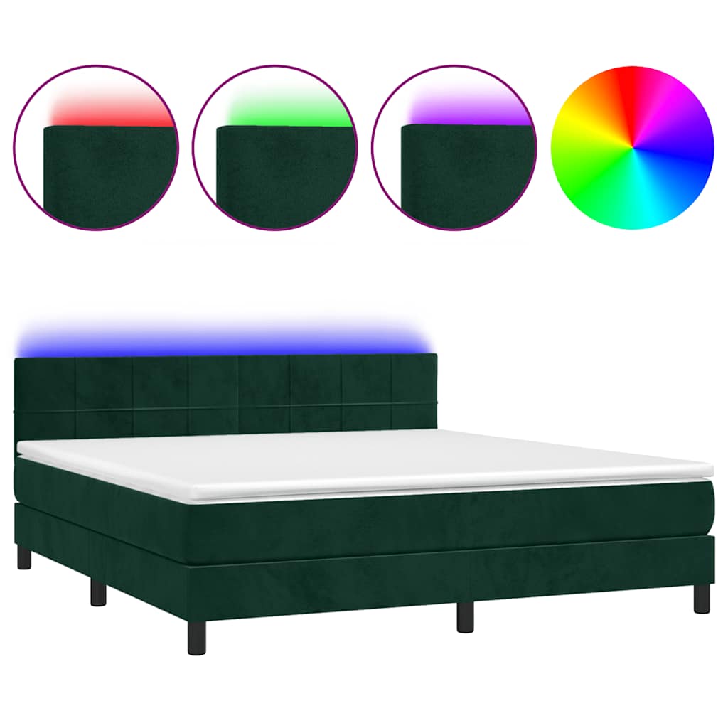 Krevet box spring s madracem LED tamnozeleni 180x200 cm baršun