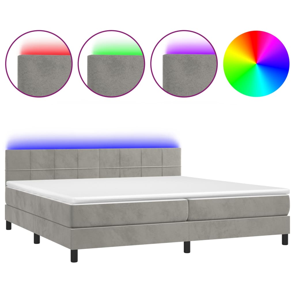 Krevet box spring s madracem LED svjetlosivi 200x200 cm baršun
