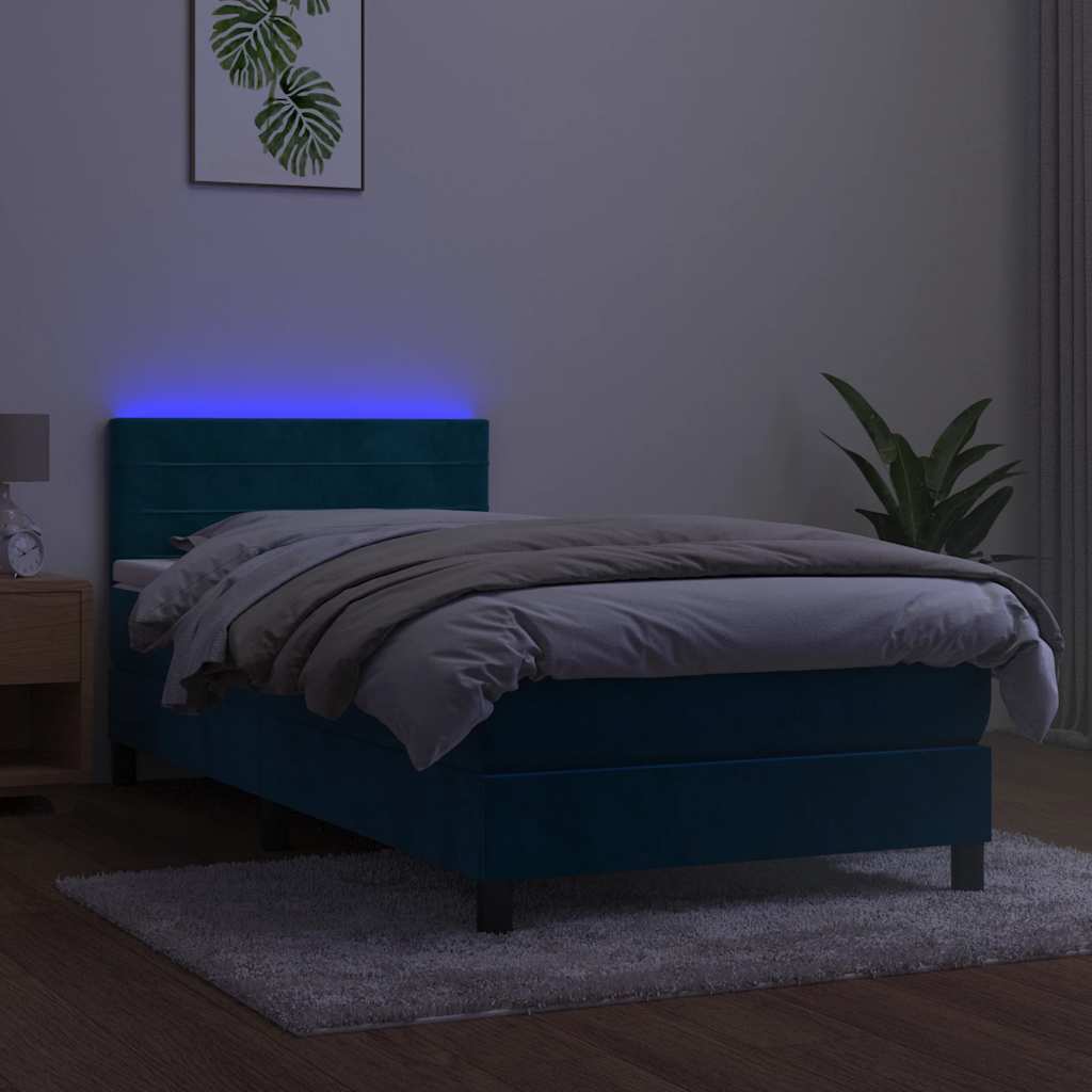 Krevet box spring s madracem LED tamnoplavi 90x200 cm baršun
