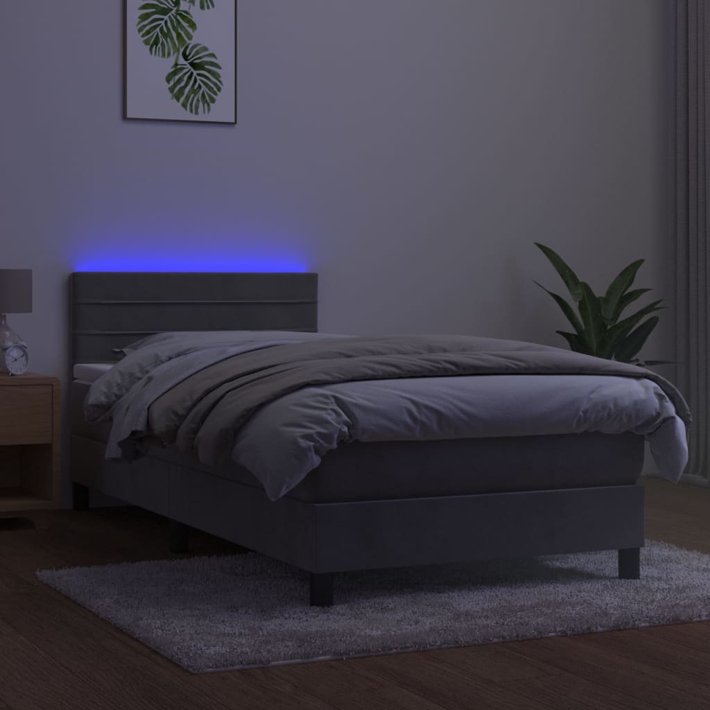 Krevet box spring s madracem LED svjetlosivi 100x200 cm baršun
