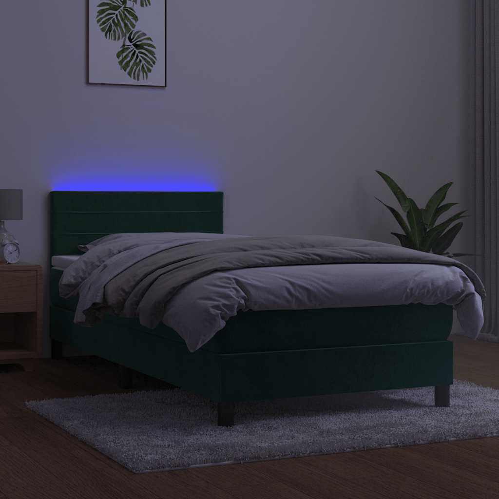 Krevet box spring s madracem LED tamnozeleni 100x200 cm baršun