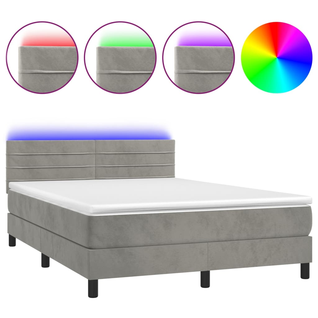 Krevet box spring s madracem LED svjetlosivi 140x190 cm baršun