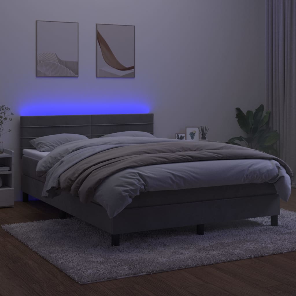 Krevet box spring s madracem LED svjetlosivi 140x190 cm baršun