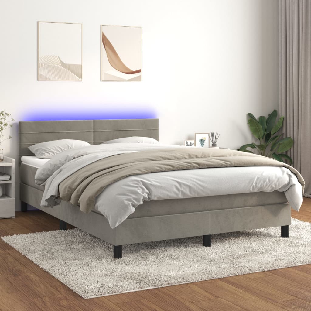 Krevet box spring s madracem LED svjetlosivi 140x190 cm baršun