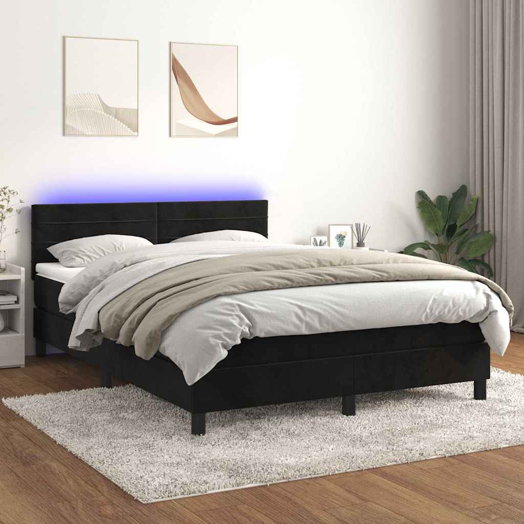 Krevet box spring s madracem LED crni 140x190 cm baršun