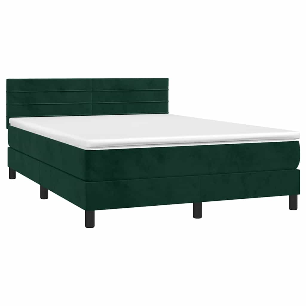 Krevet box spring s madracem LED tamnozeleni 140x190 cm baršun