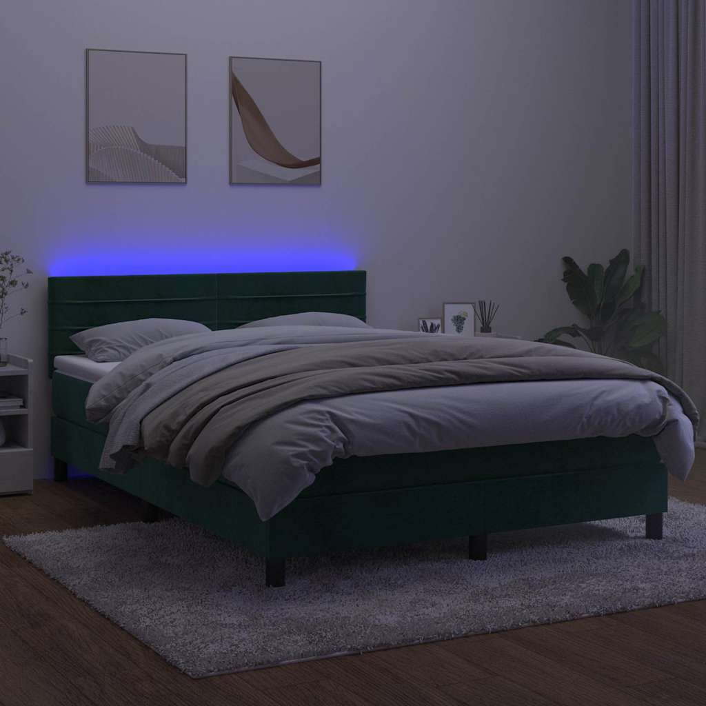 Krevet box spring s madracem LED tamnozeleni 140x190 cm baršun