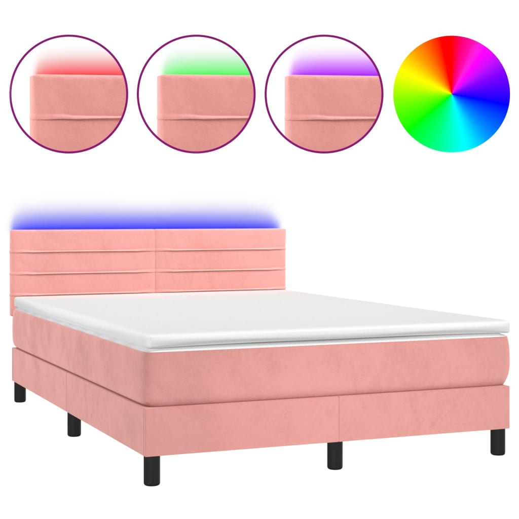 Krevet box spring s madracem LED ružičasti 140x190cm baršunasti