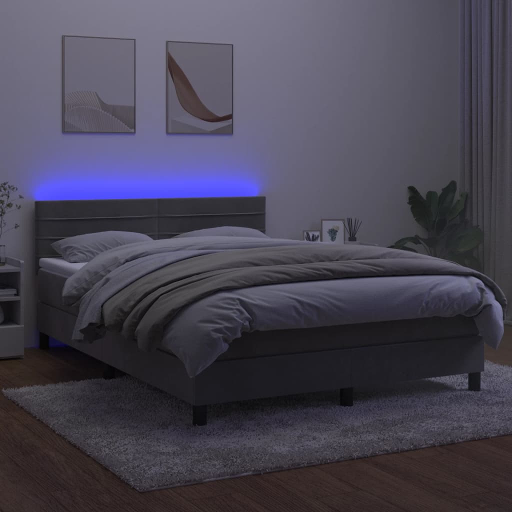 Krevet box spring s madracem LED svjetlosivi 140x200 cm baršun