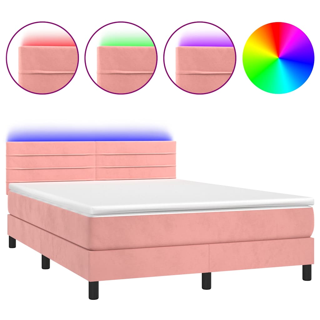 Krevet box spring s madracem LED ružičasti 140x200cm baršunasti
