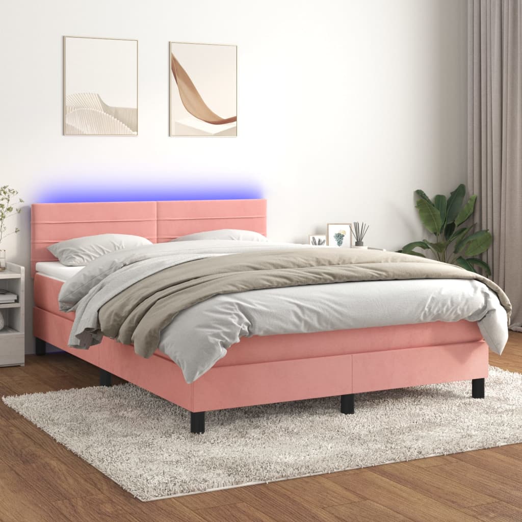 Krevet box spring s madracem LED ružičasti 140x200cm baršunasti