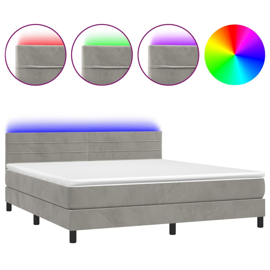 Krevet box spring s madracem LED svjetlosivi 160x200 cm baršun