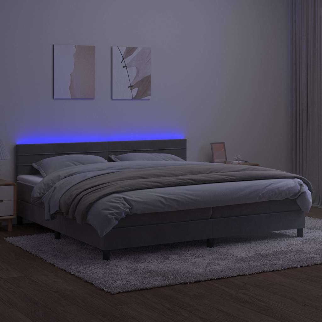 Krevet box spring s madracem LED svjetlosivi 200x200 cm baršun
