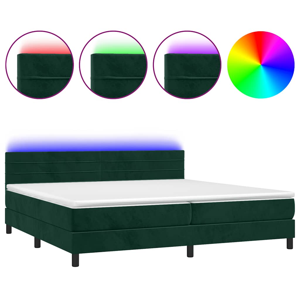 Krevet box spring s madracem LED tamnozeleni 200x200 cm baršun