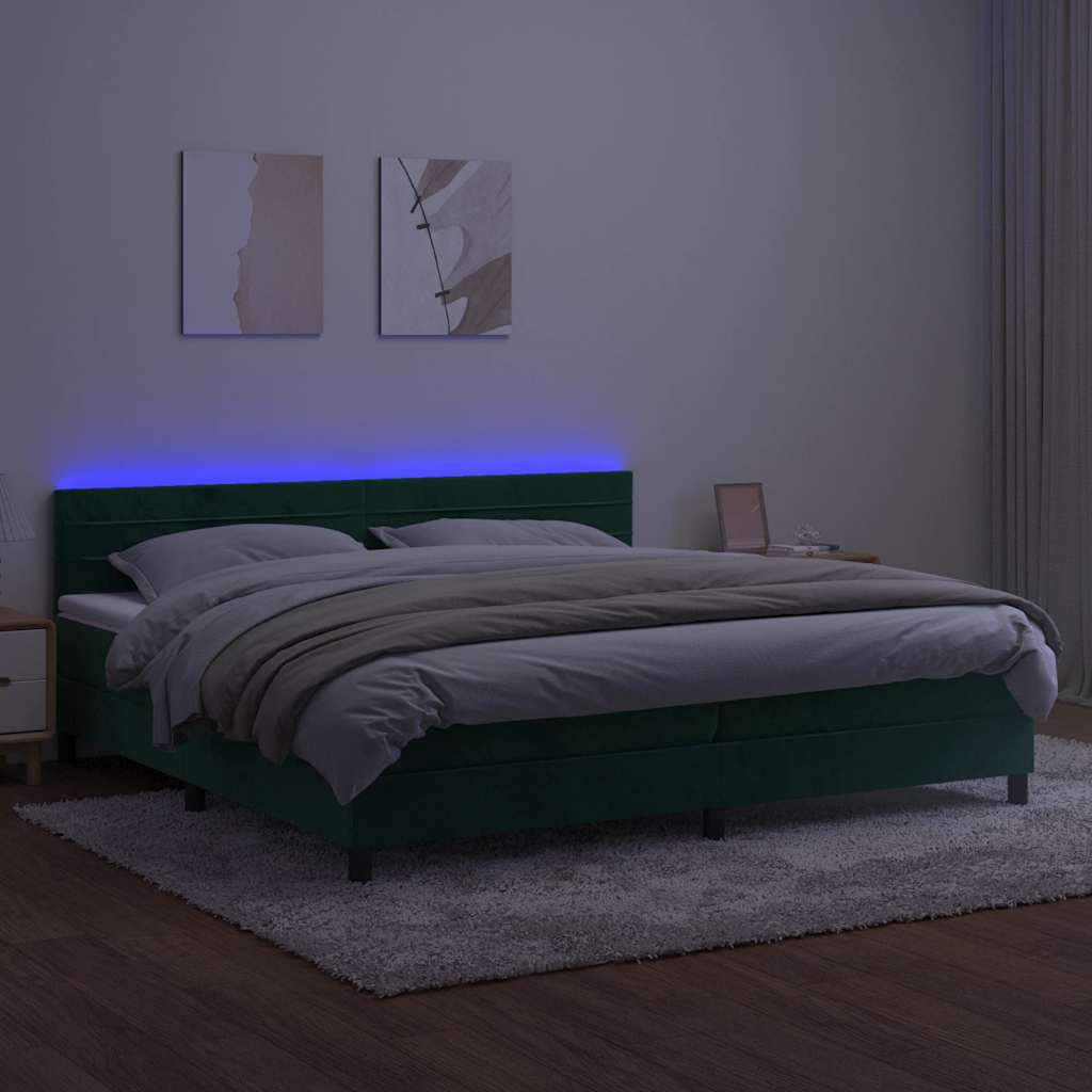 Krevet box spring s madracem LED tamnozeleni 200x200 cm baršun