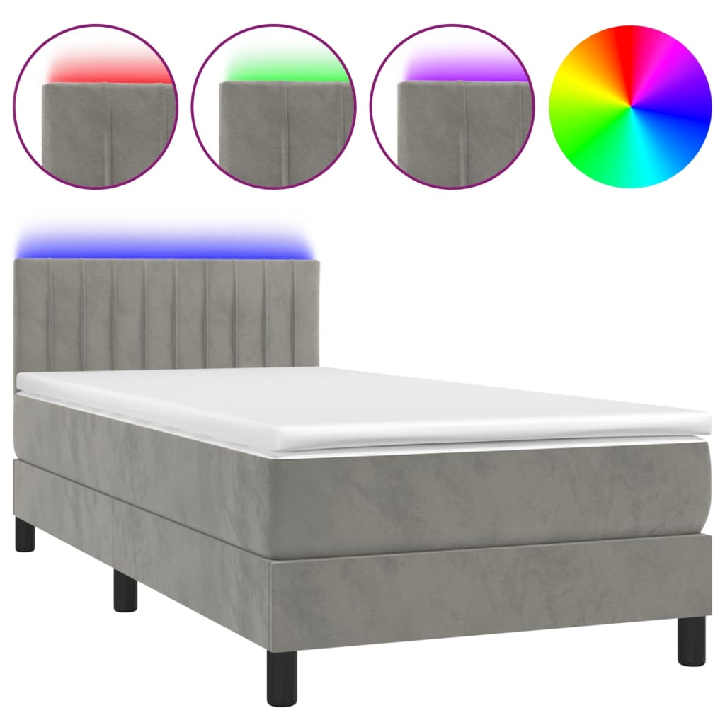 Krevet box spring s madracem LED svjetlosivi 80x200 cm baršun