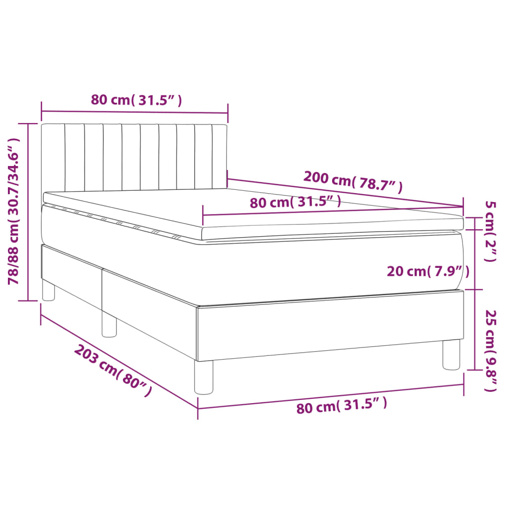 Krevet box spring s madracem LED tamnosivi 80 x 200 cm baršun