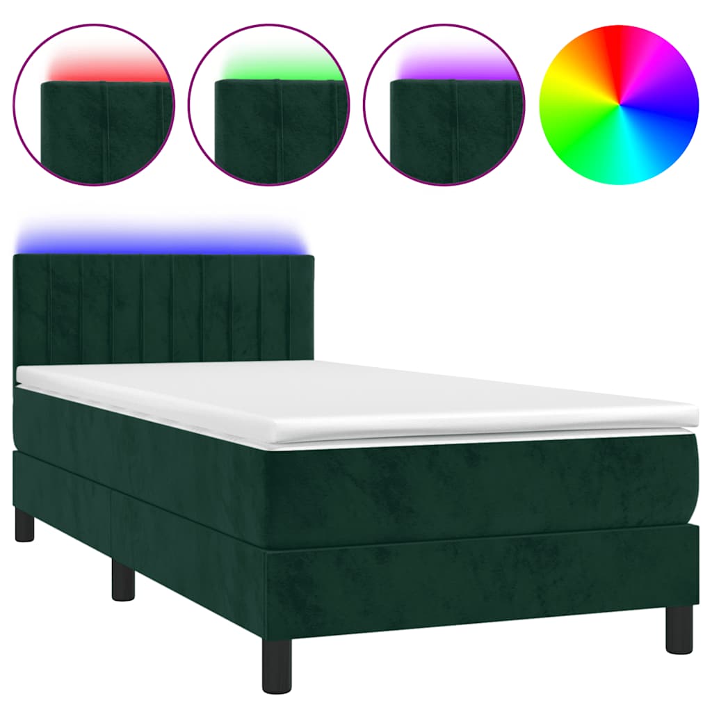 Krevet box spring s madracem LED tamnozeleni 90x190 cm baršun