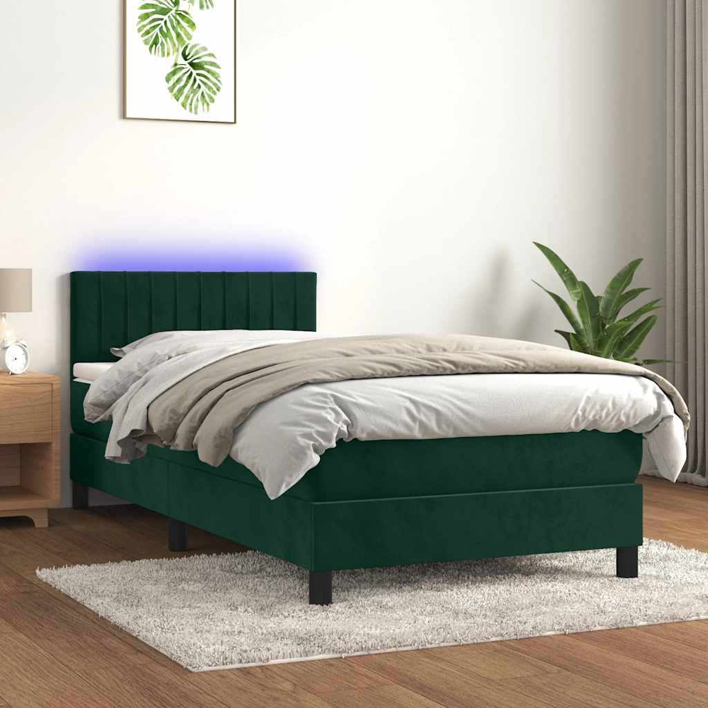 Krevet box spring s madracem LED tamnozeleni 90x190 cm baršun